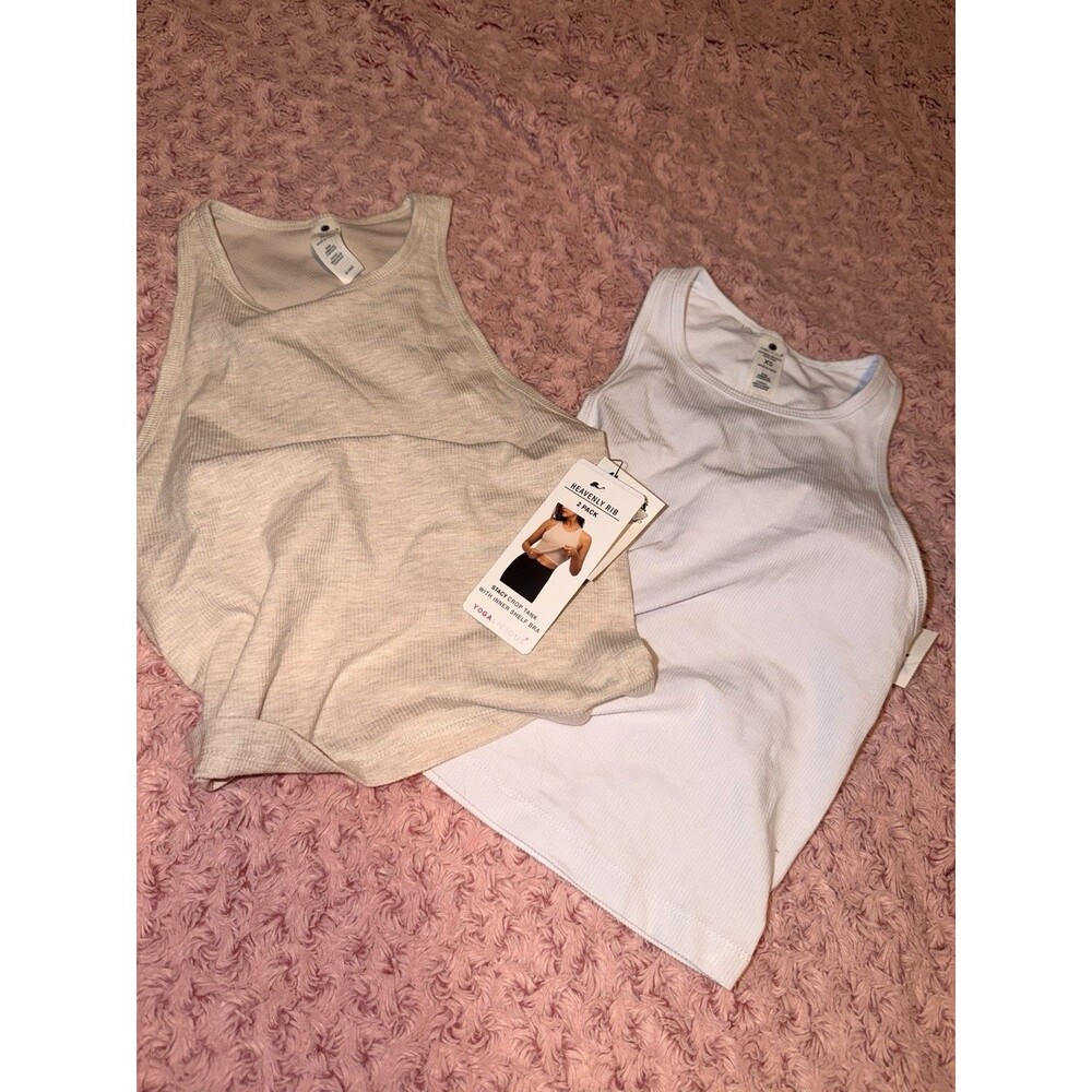 2pc Yogalicious Heavenly Rib Crop Tank Top XS White Tan Bra Workout Crop Stacy
